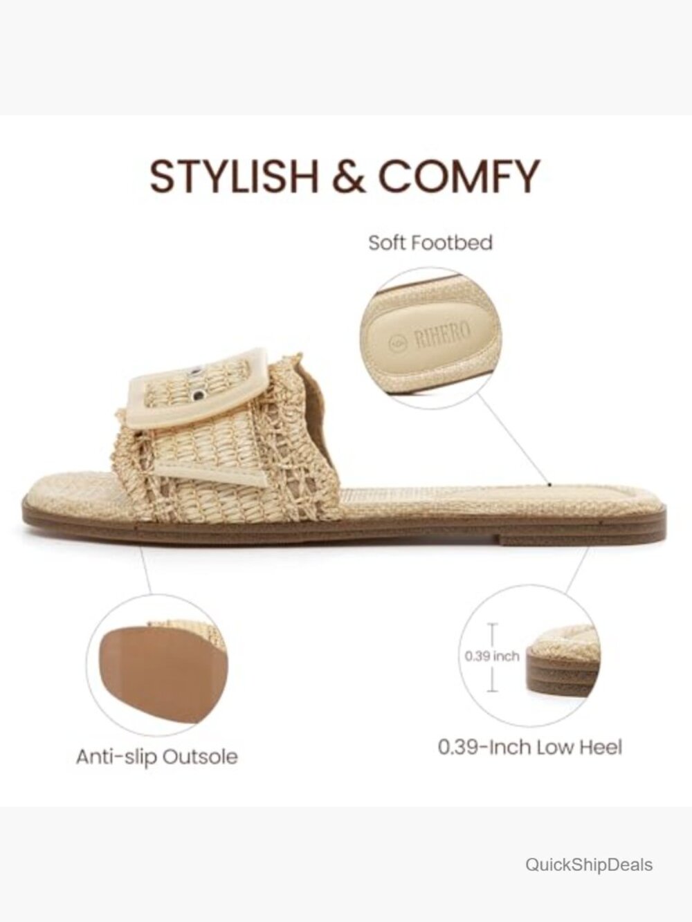 Raffia Flat Sandals Square Open Toe Slip On Woven Buckle Slide Sandals - Picture 4 of 7